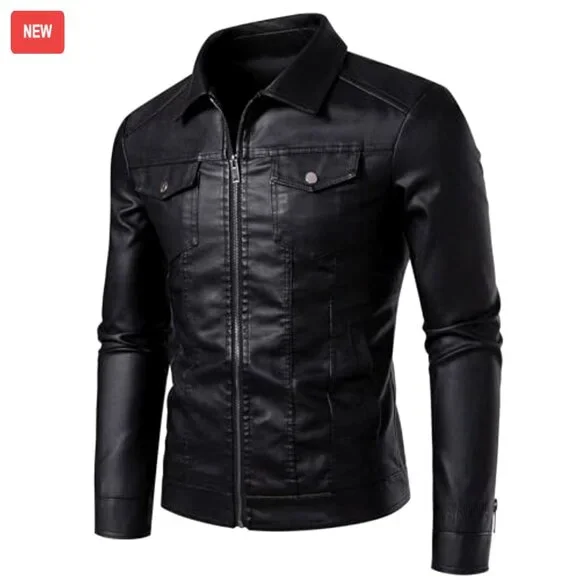 Men's Moto Biker Jacket Faux Leather Windproof Coat Size M